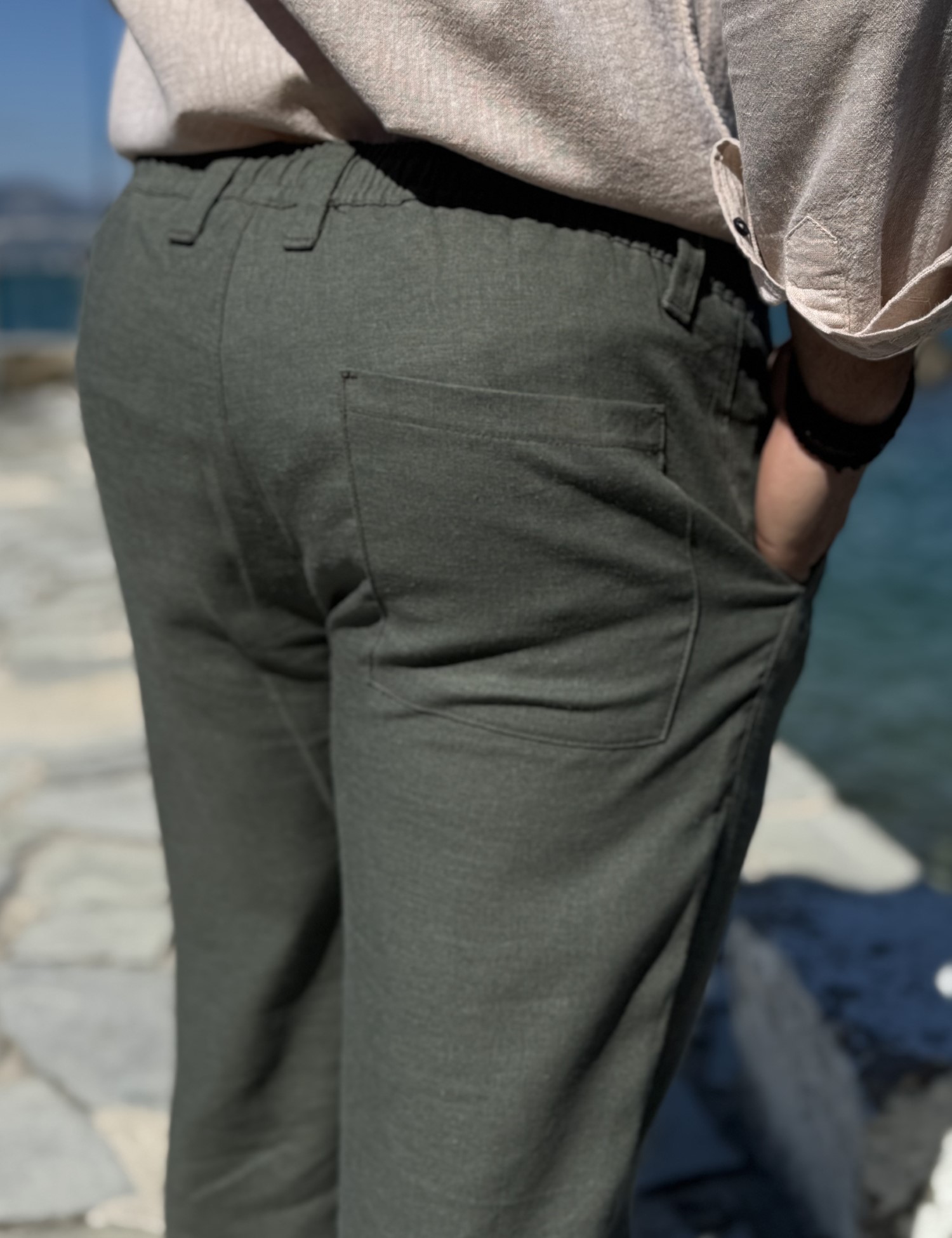 Ανδρικό λαδί λινό υφασμάτινο παντελόνι με λάστιχο στην μέση JR0022 φωτογραφία